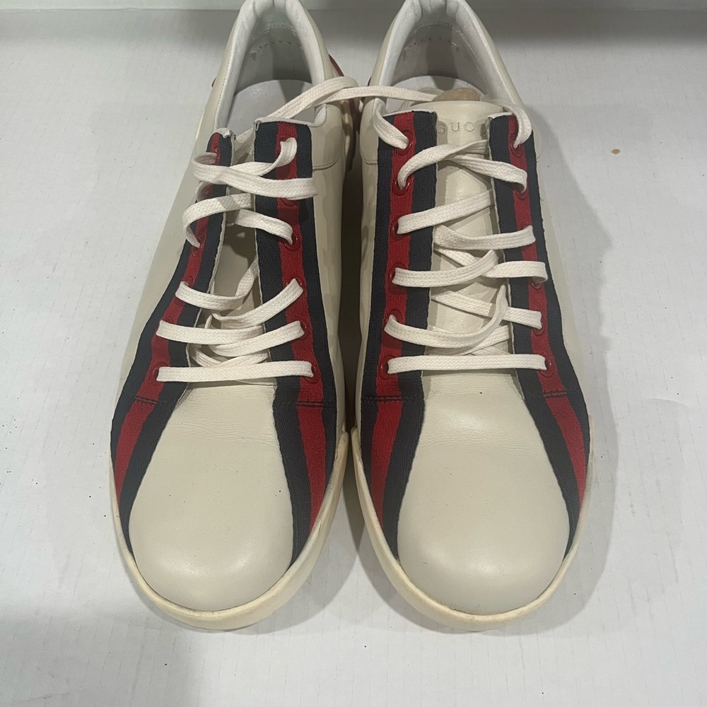 GUCCi Boulevard White Leather Web Stripe Cursive Sneakers Sz 9.5